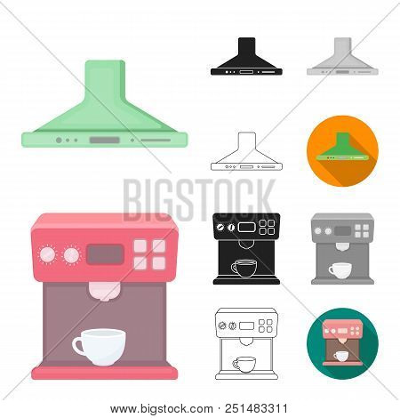 Types Of Household Appliances Cartoon, Black, Flat, Monochrome, Outline Icons In Set Collection For 