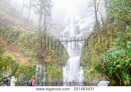 Main Lookout Of Icy Multnomah Falls Oregon In Wintertime