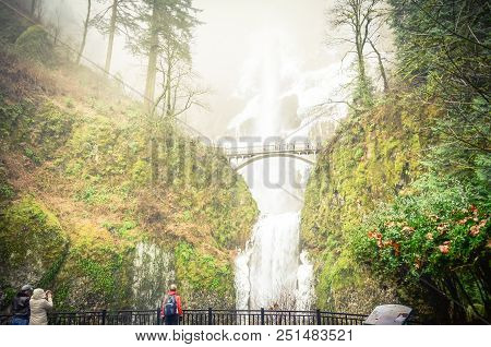 Vintage Tone Main Lookout Of Icy Multnomah Falls Oregon In Wintertime