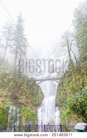 Icy Multnomah Falls Oregon In Wintertime