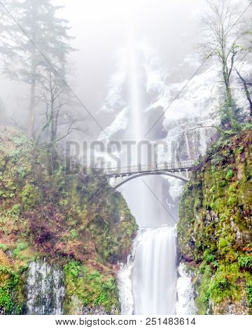 Icy Multnomah Falls Oregon In Wintertime