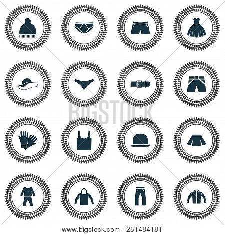 Garment Icons Set With Sleeveless Tank, Skirt, Hoodie And Other Mitten Elements. Isolated  Illustrat