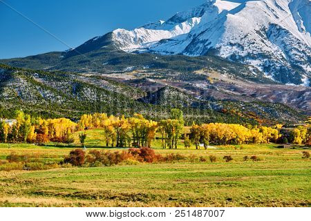 Mount Sopris autumn landscape in Colorado Rocky Mountains, USA. 