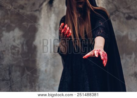 Portrait Woman Ghost Devil And Reach Out Hand Have Red Blood