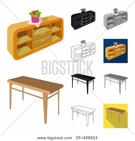 Furniture And Interior Cartoon, Black, Flat, Monochrome, Outline Icons In Set Collection For Design.
