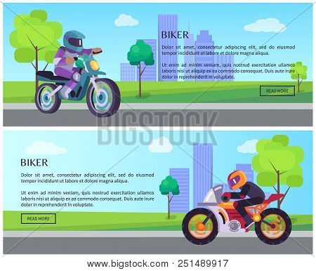 Biker Man On Scooter Drives To Work Banners Set, Vector Web Pages Design With Push Buttons, Street R