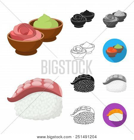 Sushi And Seasoning Cartoon, Black, Flat, Monochrome, Outline Icons In Set Collection For Design. Se