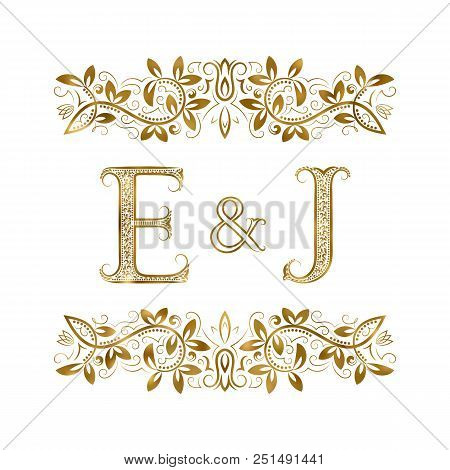 E And J Vintage Initials Logo Symbol. The Letters Are Surrounded By Ornamental Elements. Wedding Or 