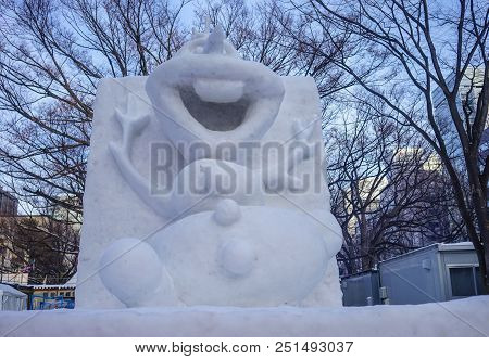 Sapporo, Japan - Feb 5, 2015. Ice Sculptures On The Pedestrian Street In Sapporo, Japan. Sapporo Is 