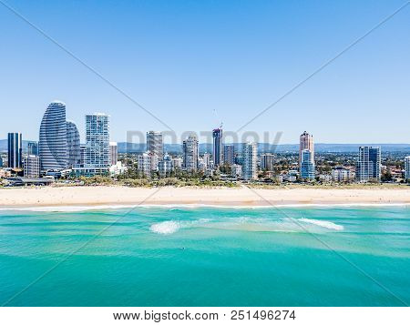 Broadbeach on a perfect blue water day from an aerial view on the Gold Coast