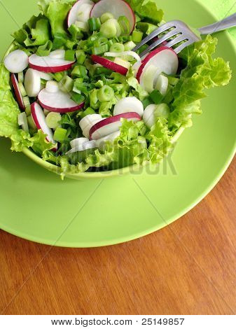 与萝卜、 生菜和洋葱的新鲜沙拉