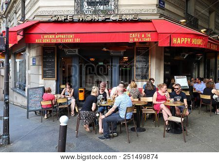 Paris, France-july 28, 2018: The Cafe Mont Cenis Located At Montmartre Area. Inscription On Sign In 