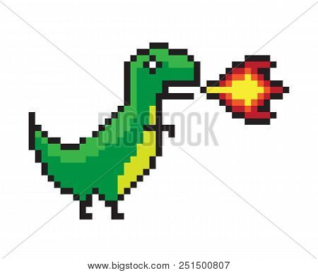 Danger Dinosaur Making A Flame, Color Pixel Banner Isolated On White Background, Green Wild Animal, 