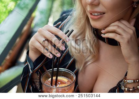 Close Up Young Woman Drinking Tasty Sweet, Fresh Lemonade, Holding Straws With Fingers, Beautiful Ma