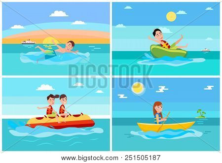 Sport And Activities Collection, Banana Boat And Donut Ride, Boating And Swimming Boy, Ship And Isla