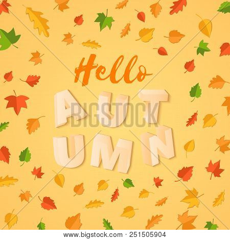 Word Autumn Composition With Green Yellow Red Leaves On Yellow Background In Paper Cut Style. Fall L