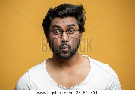 Strong Indian Guy Is Learning To Whistle. Male Who Has Lips Like A Jigsaw Puzzle. Hindoo Singer Warm