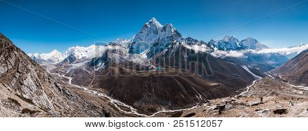 Panoramic View Of Ama Dablam (in The Middle) And Himalayan Mountains From Nangkar Tshang View Point 