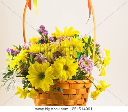 Beautiful Bouquet Of Yellow Chrysanthemums Flowers In Wicker Basket.