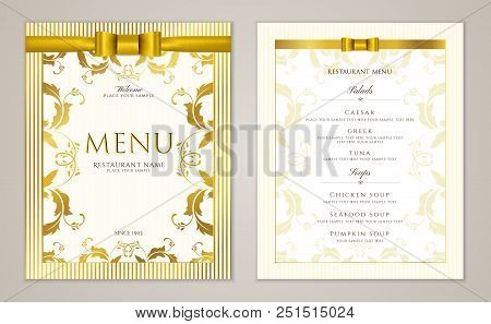 Design Restaurant Menu Template With Gold Floral Border Frame (stripy Pattern). Elegant Luxe Gold Co