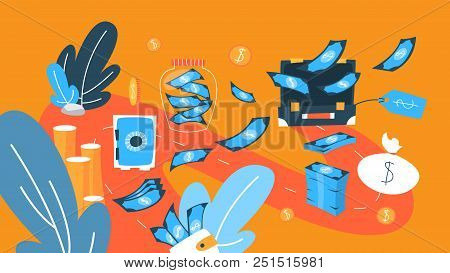 Money Concept Illustration. Cash, Banknotes And Credit Cards. Idea Of Finance And Economy. Set Of Co