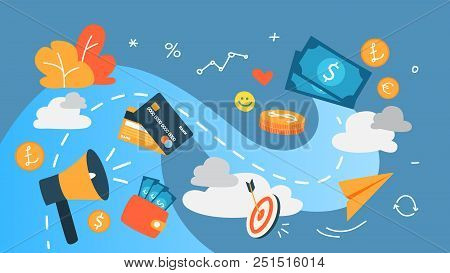 Money Concept Illustration. Cash, Banknotes And Credit Cards. Idea Of Finance And Economy. Set Of Co