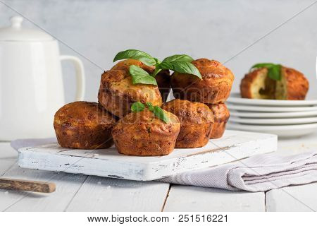 Homemade Freefly Baked Double Cheese Muffins With Basilic On A White Wooden Board. Healthy Snack Or 