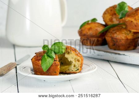 Homemade Freefly Baked Double Cheese Muffins With Basilic On A White Wooden Board. Healthy Snack Or 