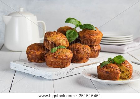 Homemade Freefly Baked Double Cheese Muffins With Basilic On A White Wooden Board. Healthy Snack Or 