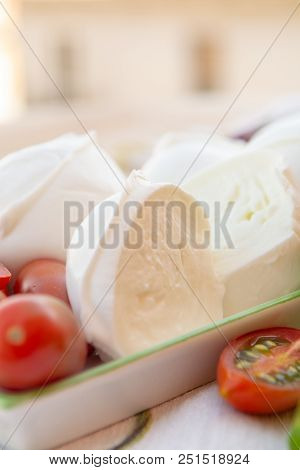 Fresh Soft Italian White Cheese Mozzarella Buffalo, Original From Campania, Paestrum And Foggia Regi