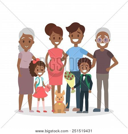 Happy Big African American Family Portrait. Mom And Dad, Children And Grandparents. Isolated Flat Ve