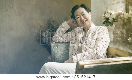 Asian Elderly Woman Sit In Beautiful Luxury Interior Room Tuscan Vintage Style