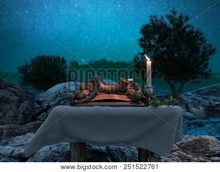 Jewish Holiday Background With Old Scroll Of Tora And Landscape Concept Photo
