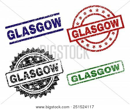 Glasgow Seal Prints With Damaged Surface. Black, Green, Red, Blue Vector Rubber Prints Of Glasgow Ti