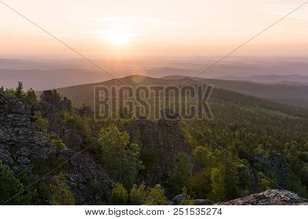 View From Mount Kachkanar, Middle Ural, At Sunrise Over Misty Valleys