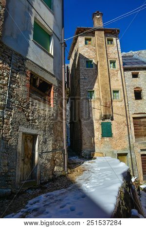 A Street In The Hill Village Of Casso In Winter Friuli Venezia Giulia, North East Italy. With A Popu