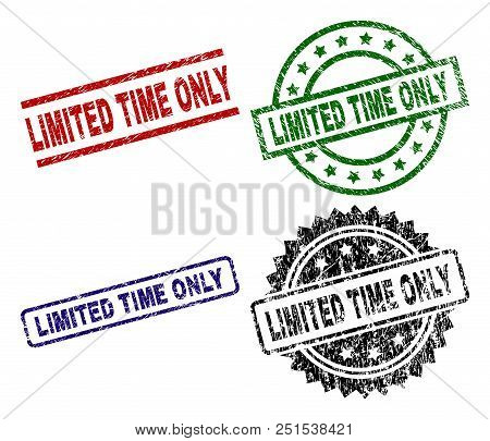 Limited Time Only Seal Prints With Corroded Texture. Black, Green, Red, Blue Vector Rubber Prints Of