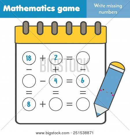 Math Educational Game For Children. Write Missing Numbers And Complete Equations. Study Subtraction 