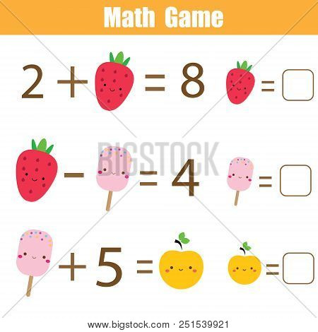 Math Educational Game For Children. Complete Equations. Study Subtraction And Addition. Mathematics 