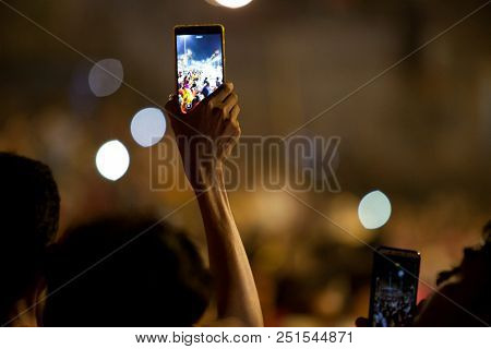 VARANASI, UTTAR PRADESH, INDIA - JULY 6, 2018: Ganga Aarti ceremony at Dasashvamedh Ghat with thousand of prayers each evenning.