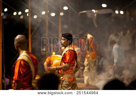 VARANASI, UTTAR PRADESH, INDIA - JULY 6, 2018: Ganga Aarti ceremony at Dasashvamedh Ghat with thousand of prayers each evenning.