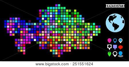 Bright Colored Dot Halftone Kazakhstan Map. Geographic Map In Bright Random Colors On A Black Backgr