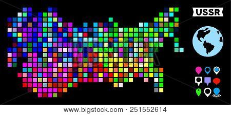 Bright Colored Pixelated Halftone Ussr Map. Geographic Map In Bright Random Colors On A Black Backgr