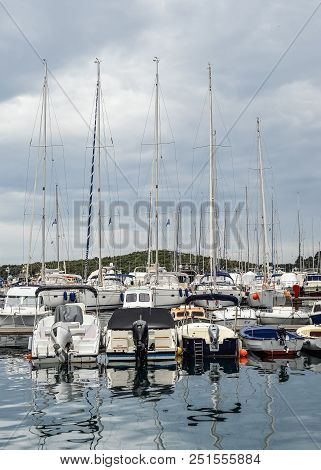 Vrsar, Croatia - May 22, 2018: Yachts, Adriatic Sea And Vrsar - Beautiful Antique City. Coastal Town