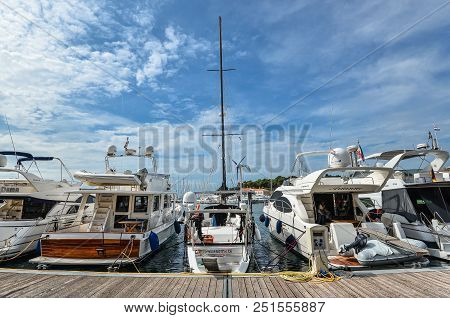Vrsar, Croatia - May 22, 2018: Yachts, Adriatic Sea And Vrsar - Beautiful Antique City. Coastal Town