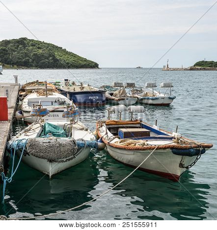 Vrsar, Croatia - May 22, 2018: Yachts, Adriatic Sea And Vrsar - Beautiful Antique City. Coastal Town
