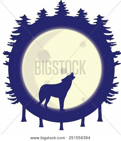 Wolf Silhouette Howling At The Full Moon In The Forest