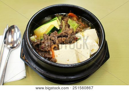 Beef Tofu Soup With Soy Bean Paste Or Haemul Sundudu