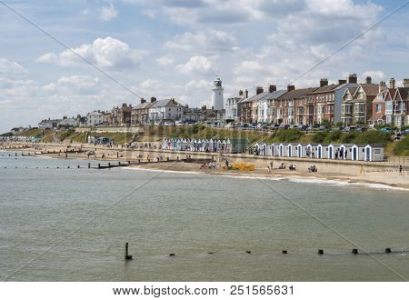 Southwold, Suffolk, Uk, July 2018 - View Of The Seafront And Beach At Southwold, Suffolk Uk