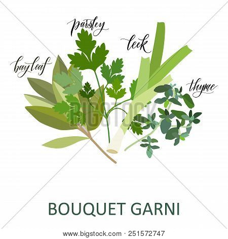 Bouquet Garni Herbs Set. Hand Written Names. Aromatic Cooking Herbs